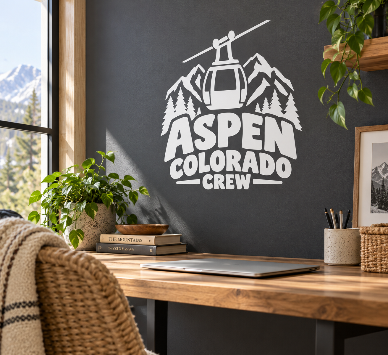 White Aspen Colorado Crew vinyl decal with mountains, trees, and character figure.