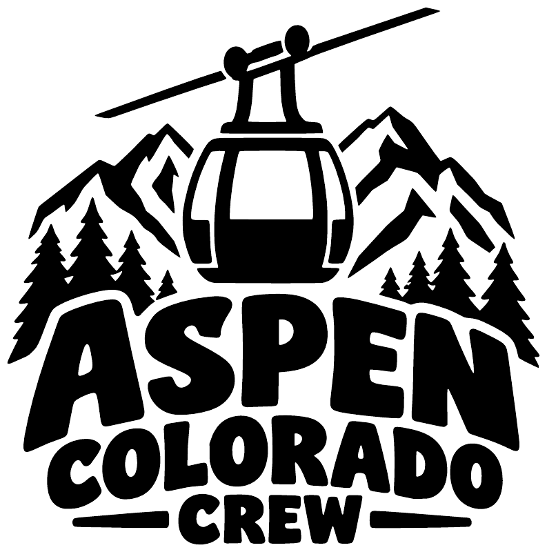 Aspen Colorado Crew vinyl decal logo with mountains, pine trees, and bold text.