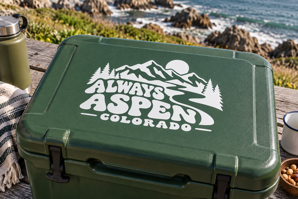 White "Always Aspen Colorado" vinyl decal on dark green hard case with mountains