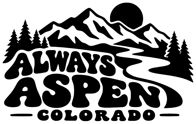 Black and white vinyl decal: "Always Aspen Colorado" with mountains and pine trees