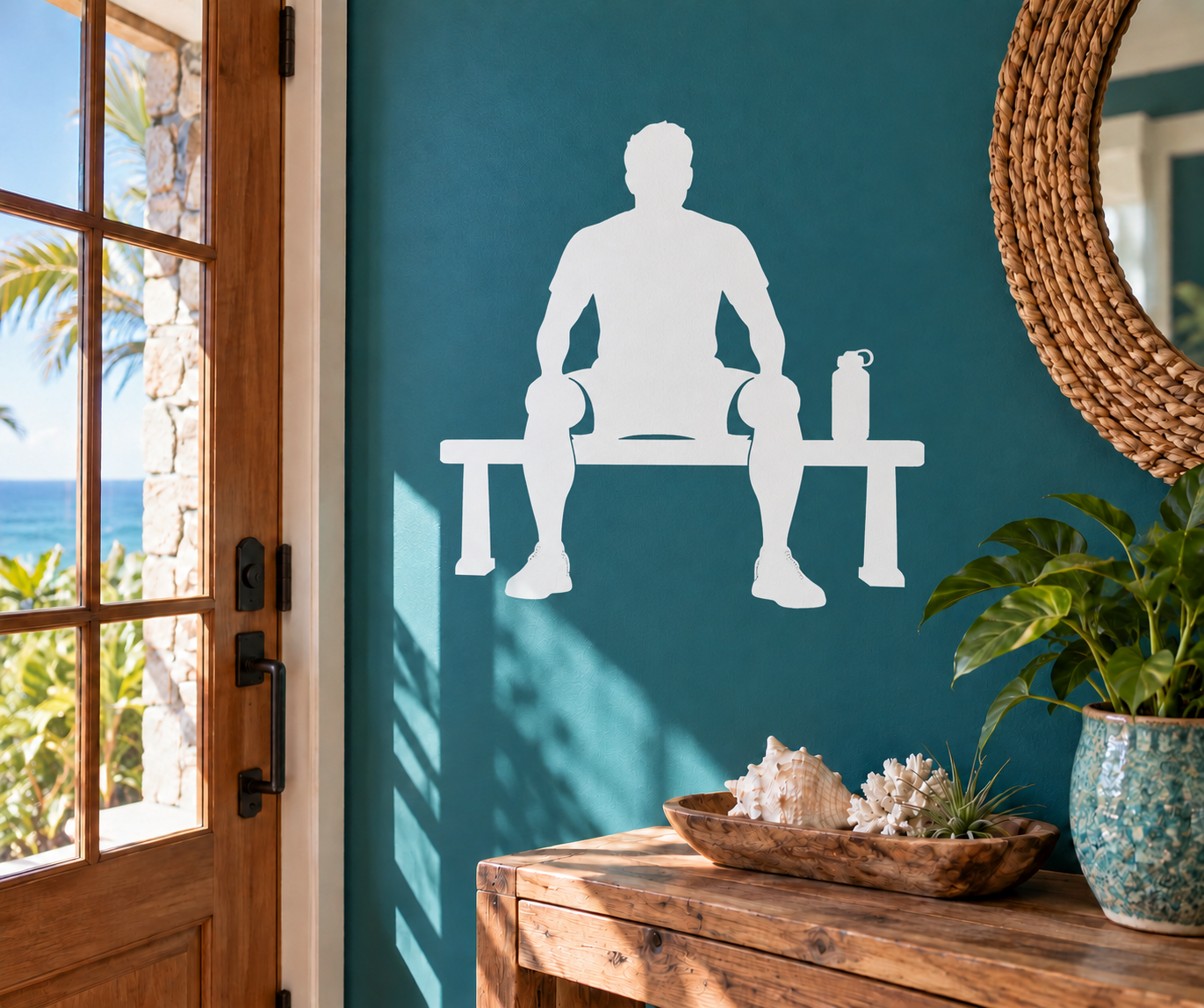 White vinyl workout decal: seated lifter on weight bench with dumbbells and bottle