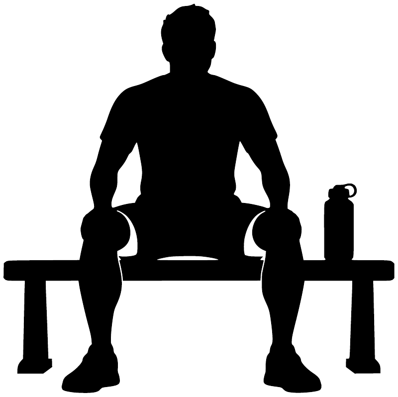 Black vinyl workout decal silhouette: seated weight bench lifter with dumbbells and bottle