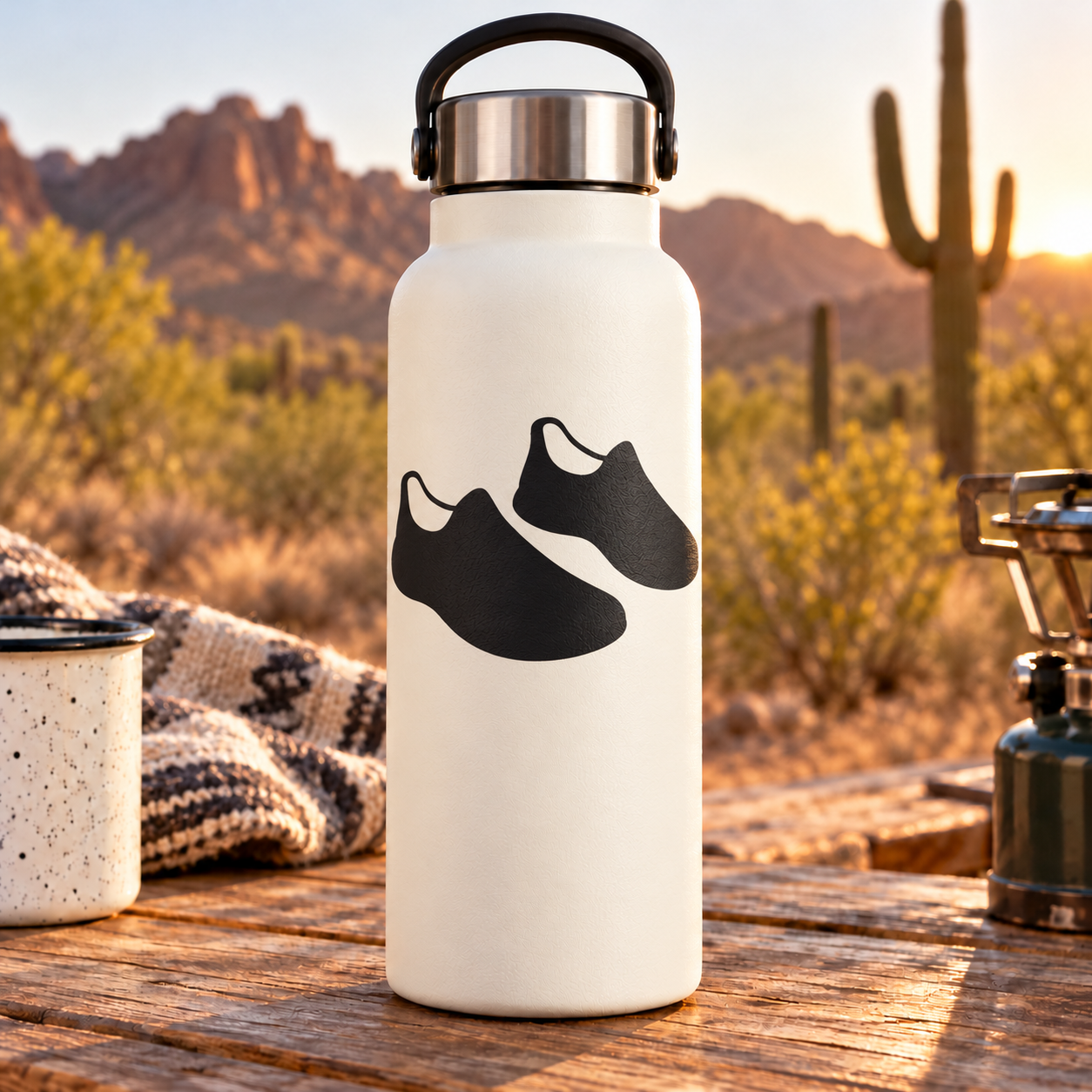 Pair of black athletics track shoe vinyl decals on a white bottle