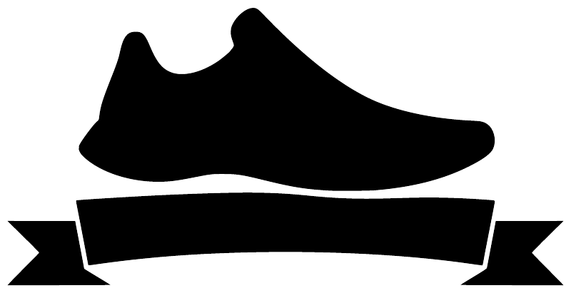 Black shoe silhouette with finish banner vinyl decal, bold ribbon