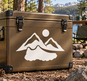White mountain and tent vinyl decal with wave lines and circular dot
