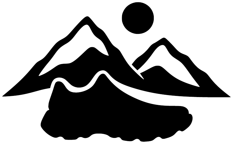 Black and white mountain camping vinyl decal with bold peaks and round dot