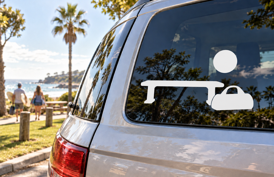 Vinyl decal on car window: sun circle above bench icon and wheel-like shapes