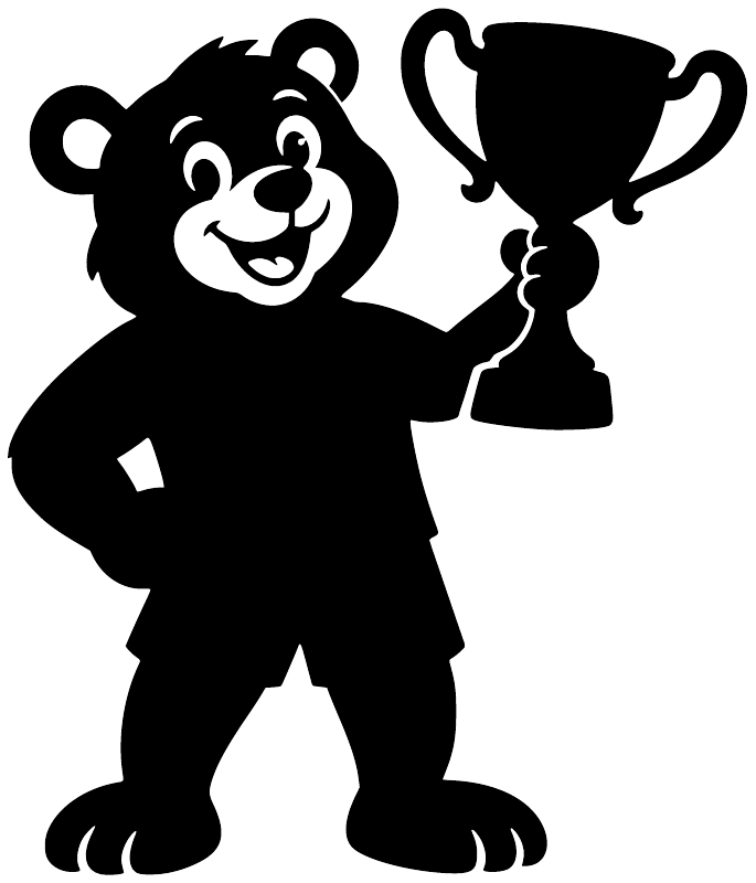 Black bear vinyl decal holding a trophy mascot silhouette on white background