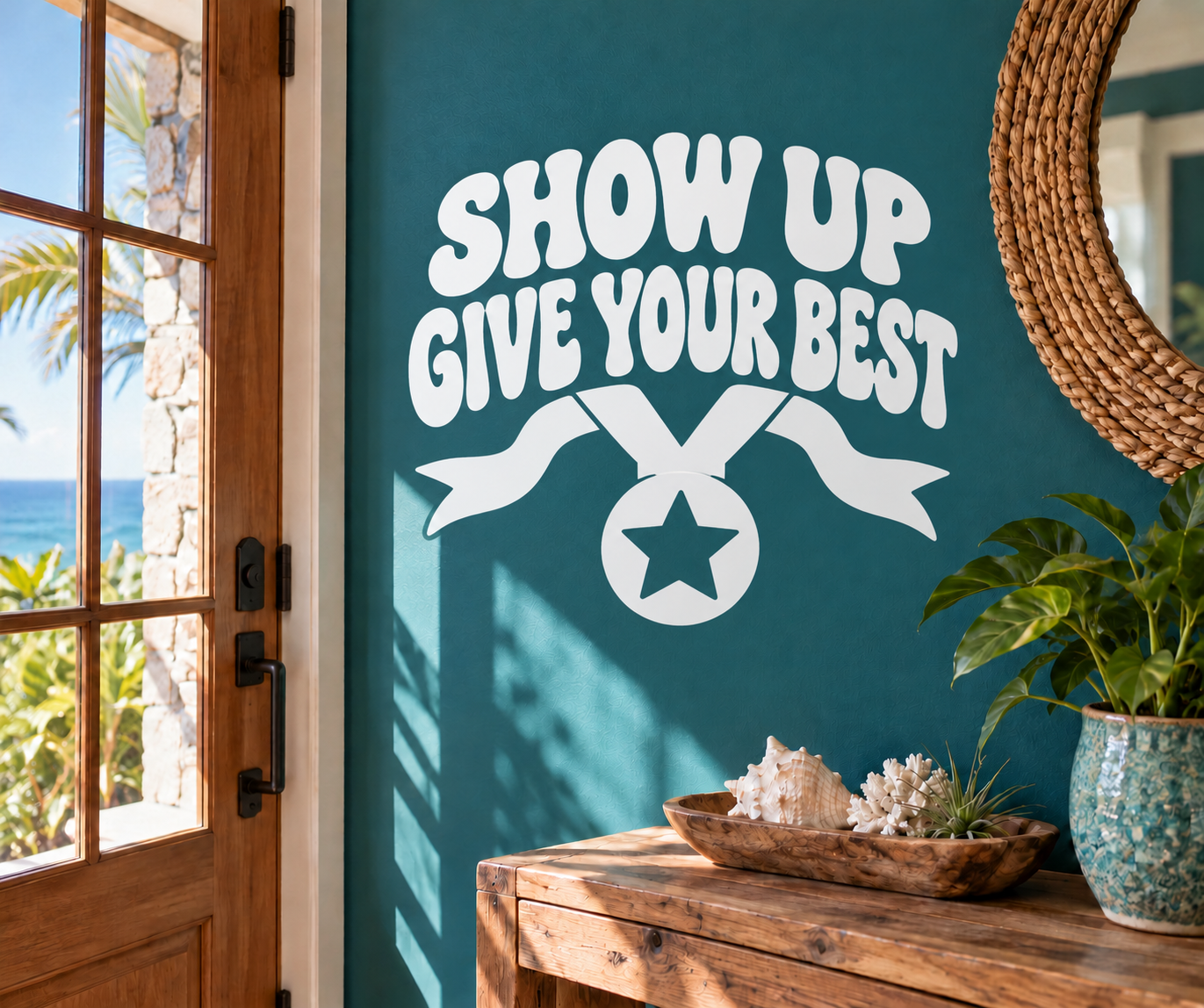 White vinyl decal reading 'SHOW UP GIVE YOUR BEST' with star and crossed arms.