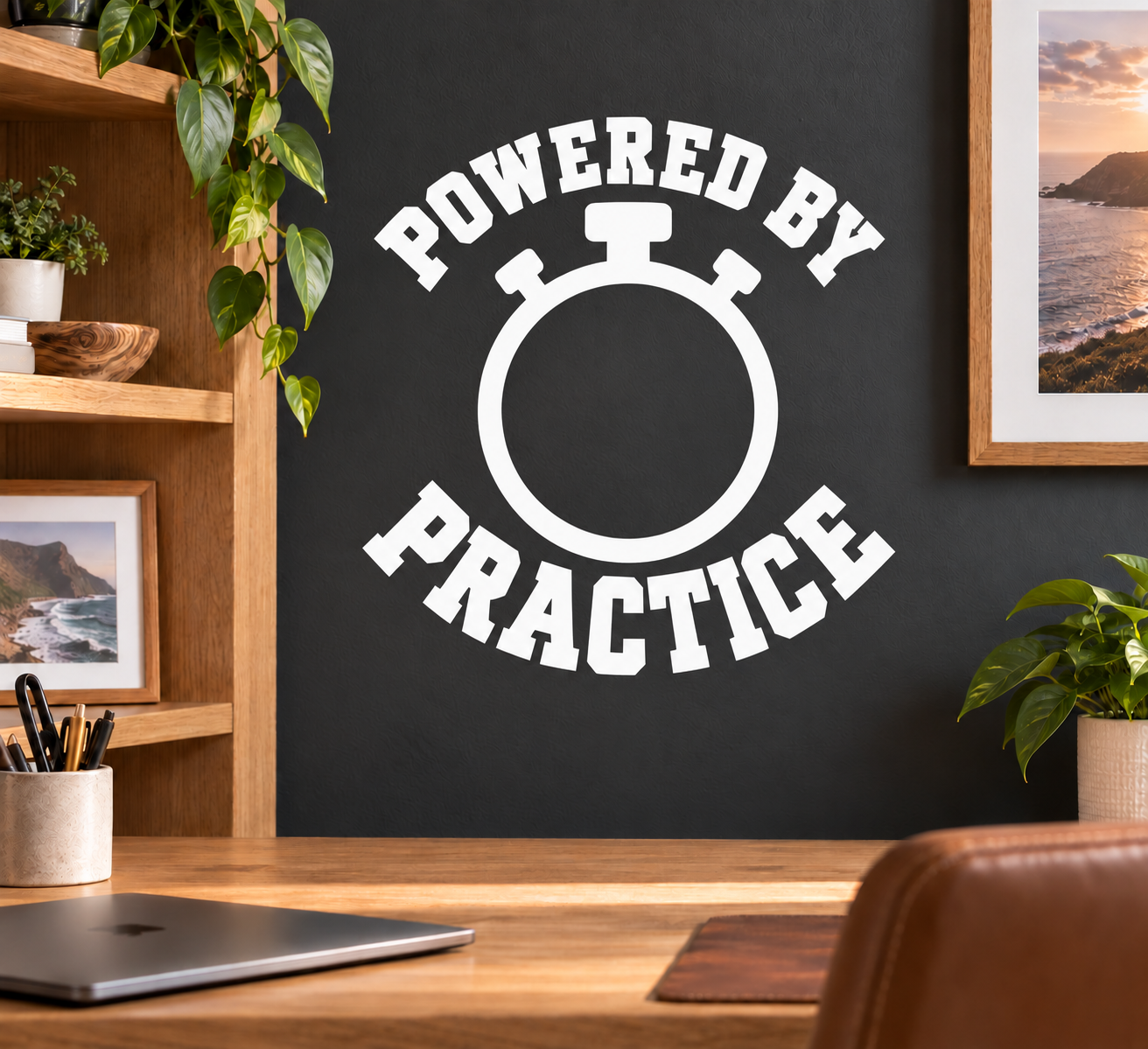 Vinyl wall decal with stopwatch icon and text 'Powered by Practice' in white.