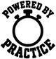Vinyl decal close-up: white 'Powered by Practice' text with stopwatch graphic on black.
