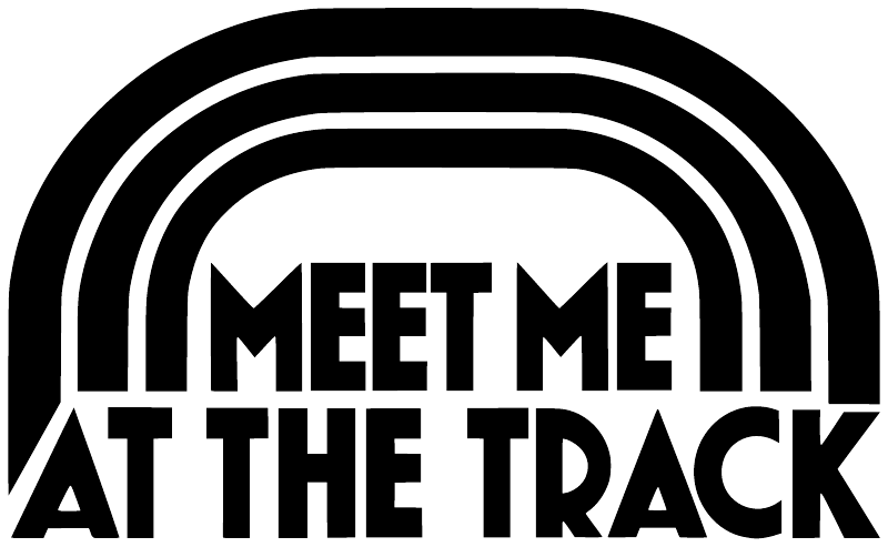 Vinyl decal closeup: arched stripes and "MEET ME AT THE TRACK" lettering