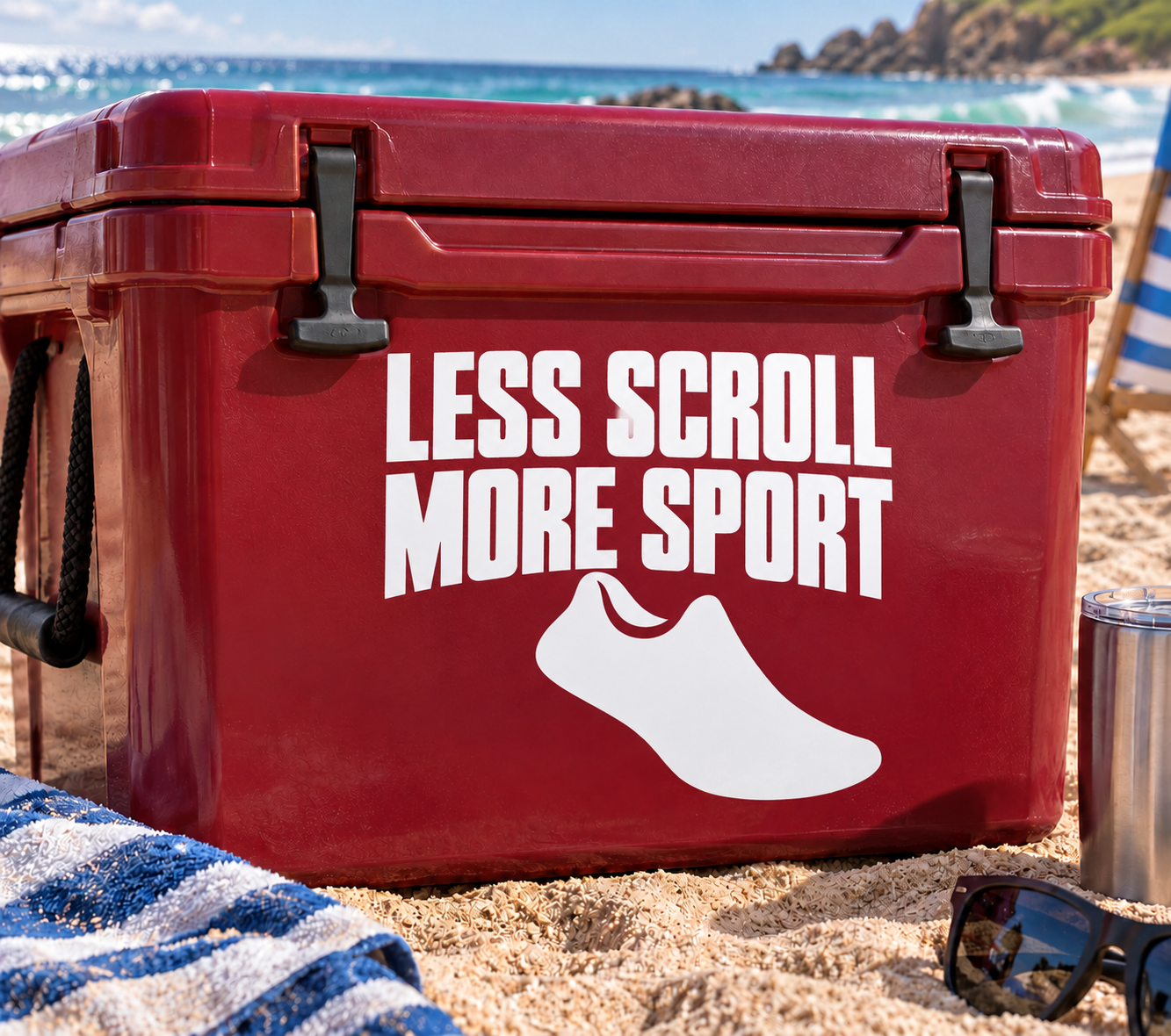 Vinyl decal with “LESS SCROLL MORE SPORT” text and shoe icon in white on red