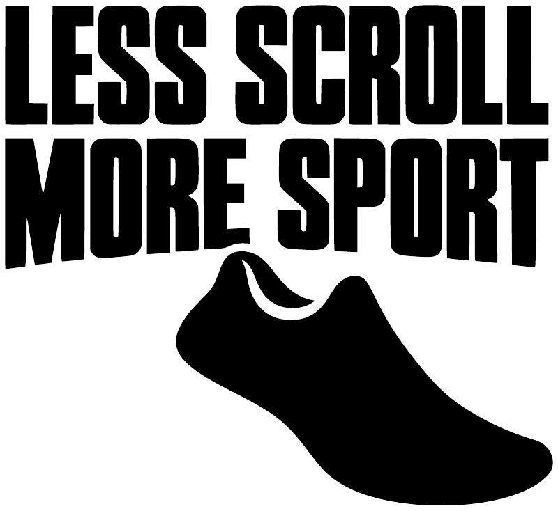Vinyl decal featuring large “LESS SCROLL MORE SPORT” lettering and black shoe icon