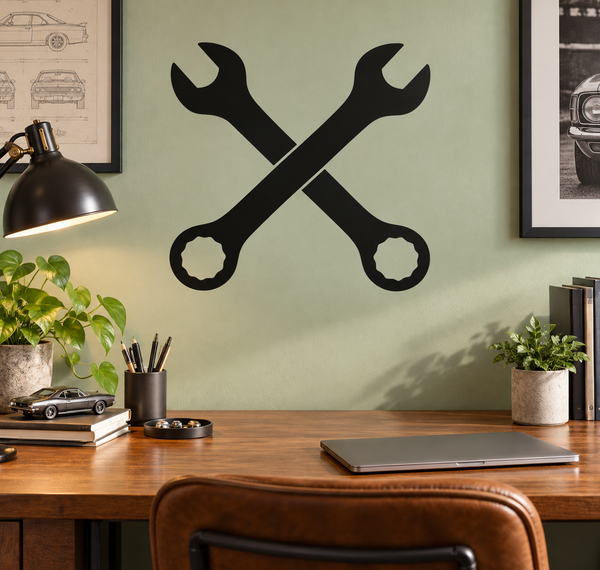 Black crossed wrenches wall decal with bold wrench silhouette