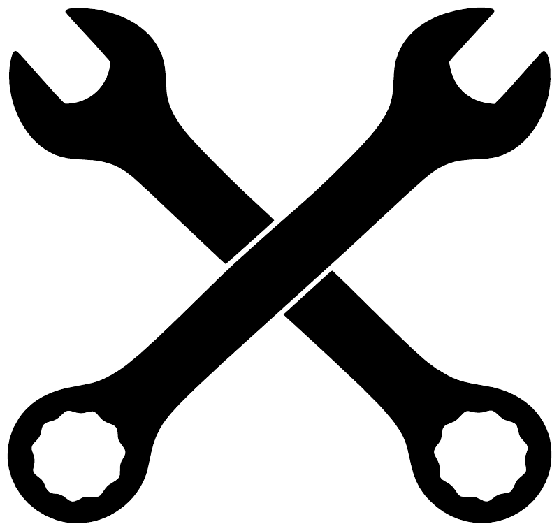 Black crossed wrenches decal with round wrench head details on white
