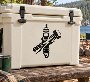 White cooler with black spark plug and wrench graphic on front