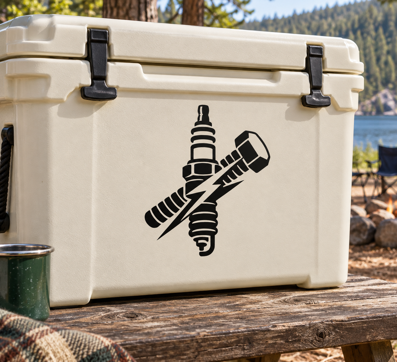 White cooler with black spark plug and wrench graphic on front