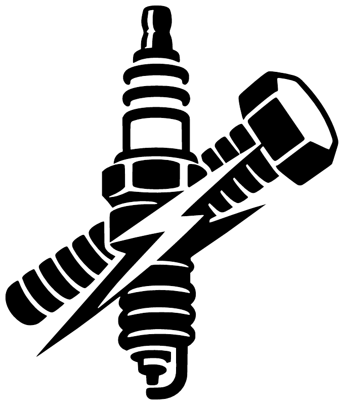 Black spark plug and wrench graphic logo