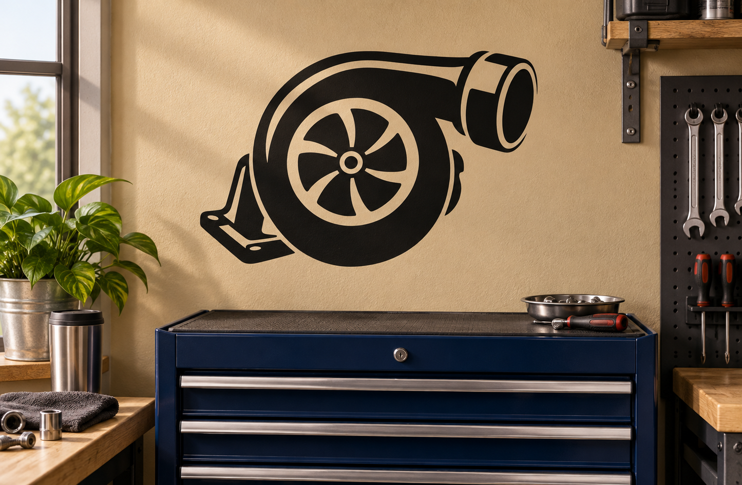 Turbocharger wall decal sticker, black and white graphic outline with fan wheel