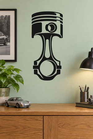 Black piston engine wall decal with circular head and connecting-rod shape