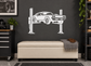 Car on lift wall decal, front-view vintage muscle car illustration on dark wall