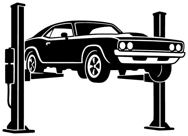 Car on lift wall decal, black front-view muscle car silhouette between two posts