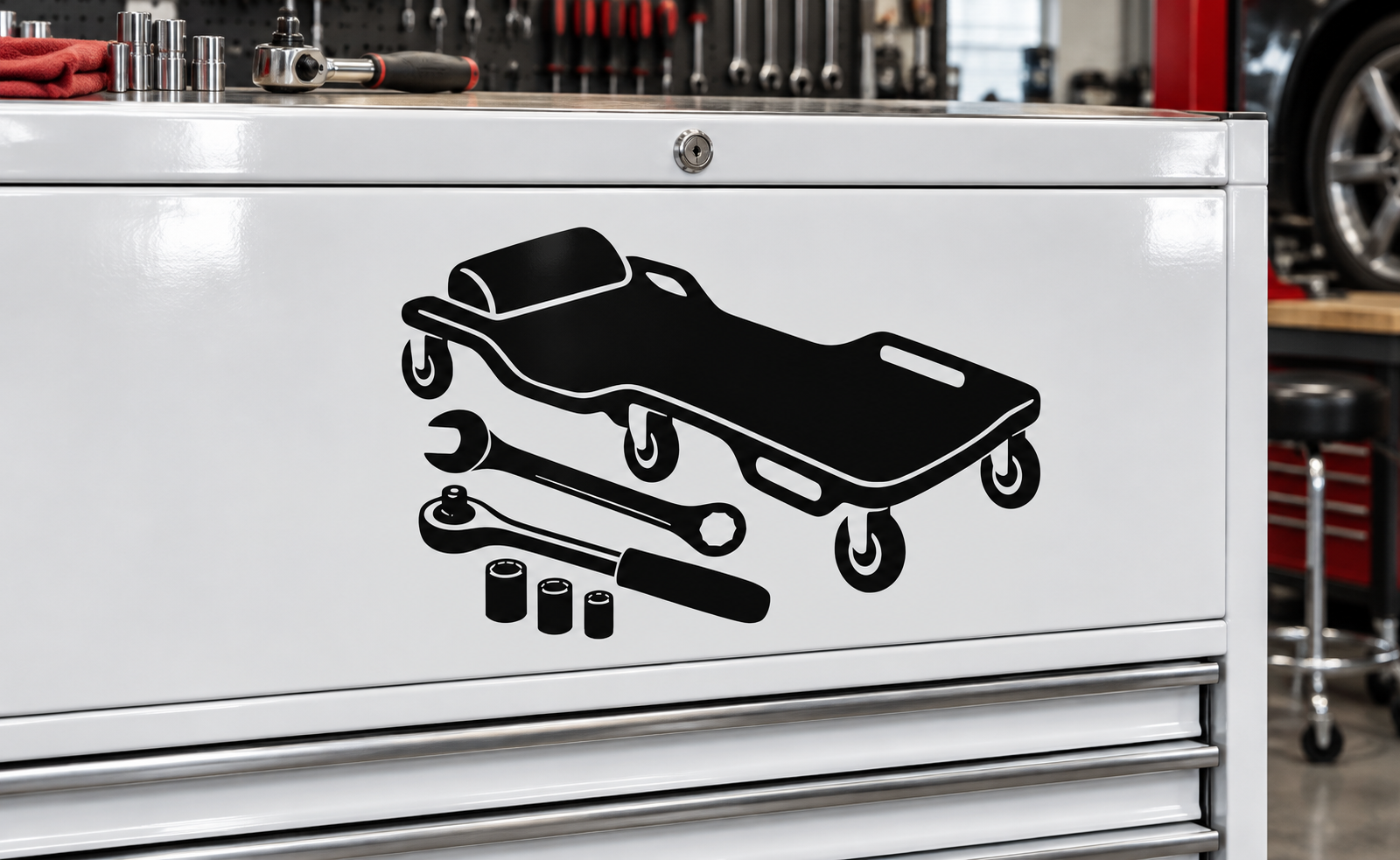 Silver metal tool chest with black mechanic tool graphic decal