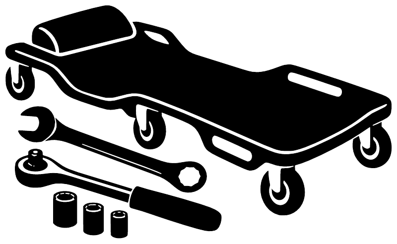 Black mechanic tool graphic decal with wrench, sockets, and jack