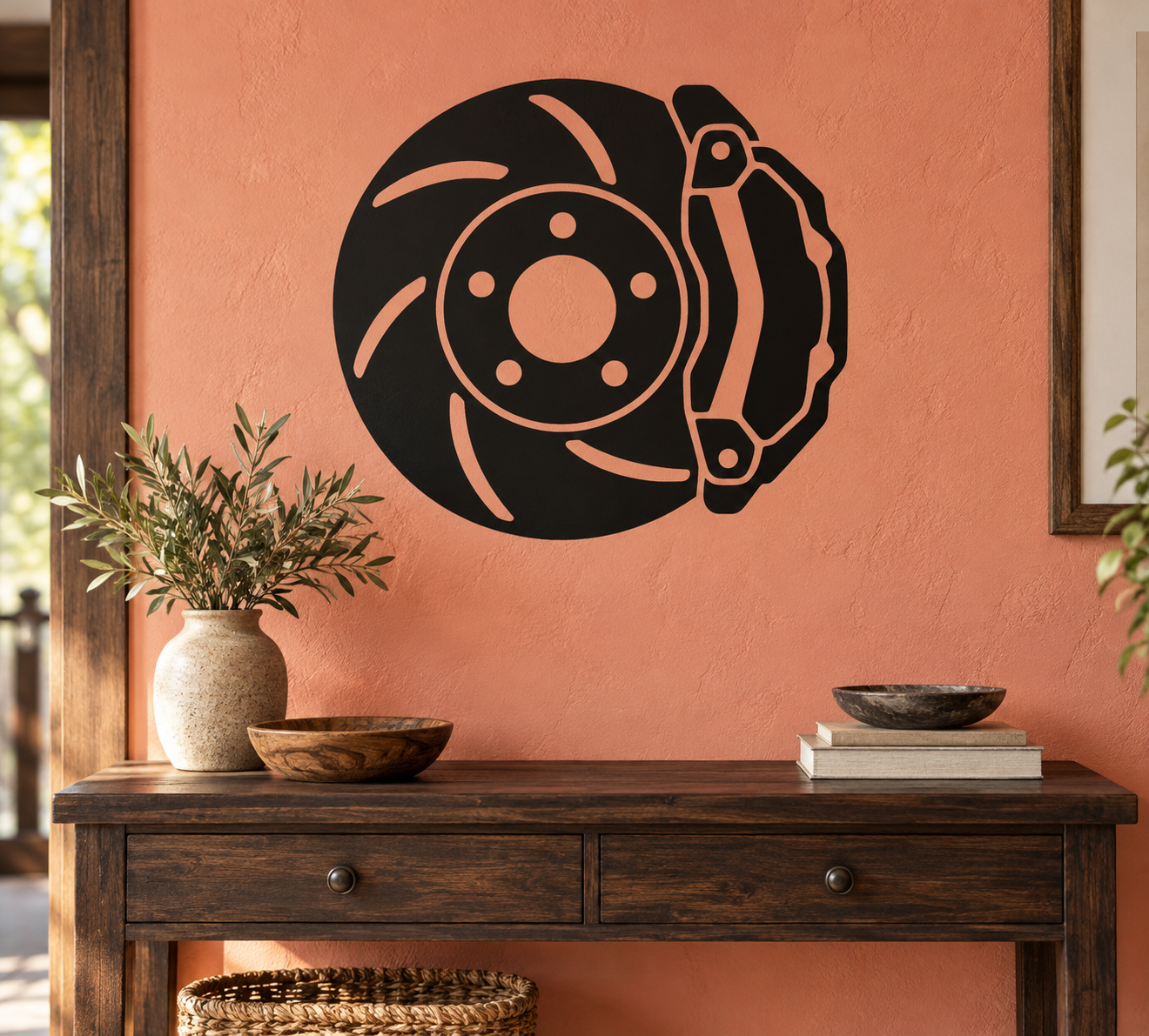 Brake rotor and caliper wall decal in black with orange accent lines