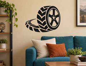 Wall-mounted black tire and wheel vinyl decal graphic