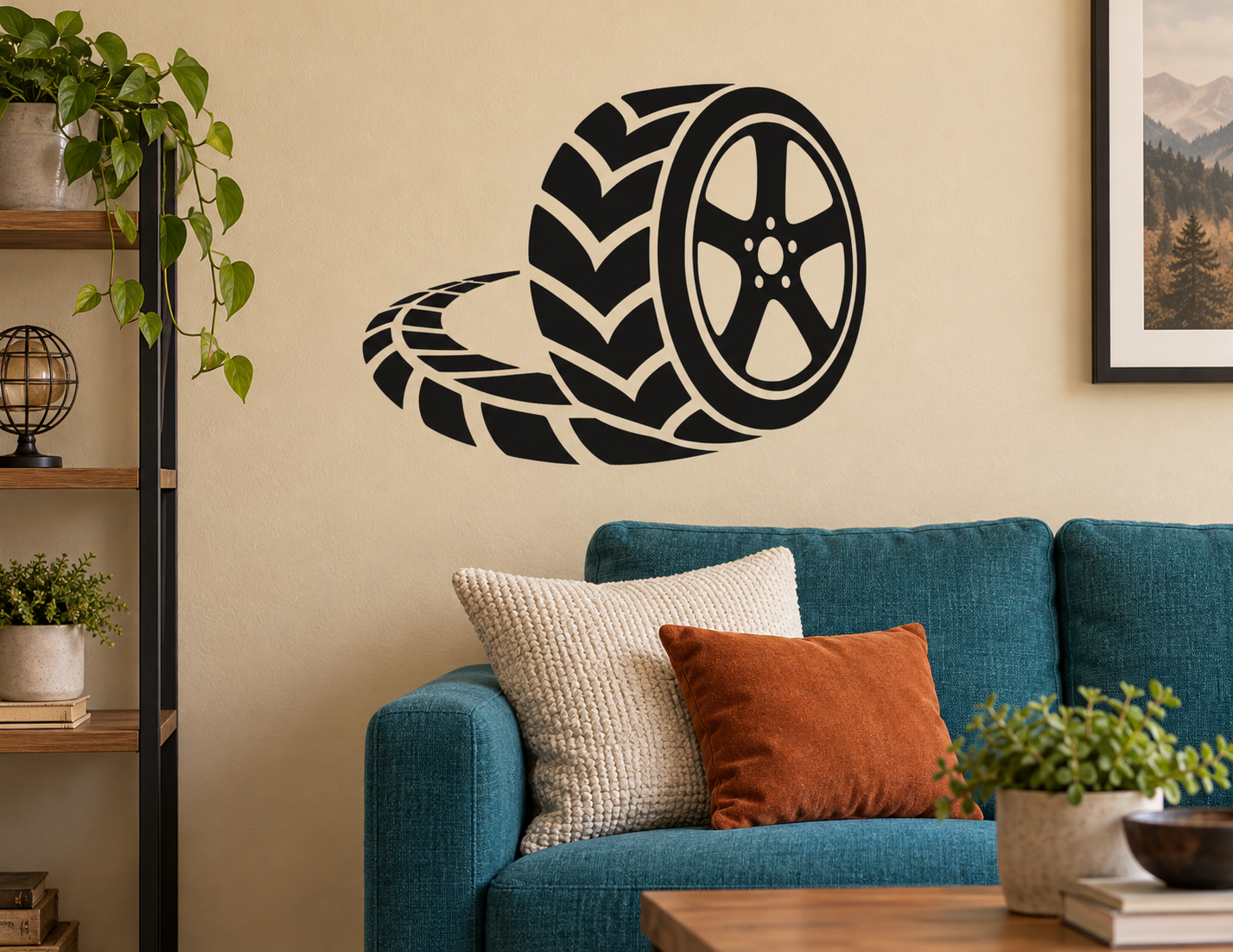 Wall-mounted black tire and wheel vinyl decal graphic