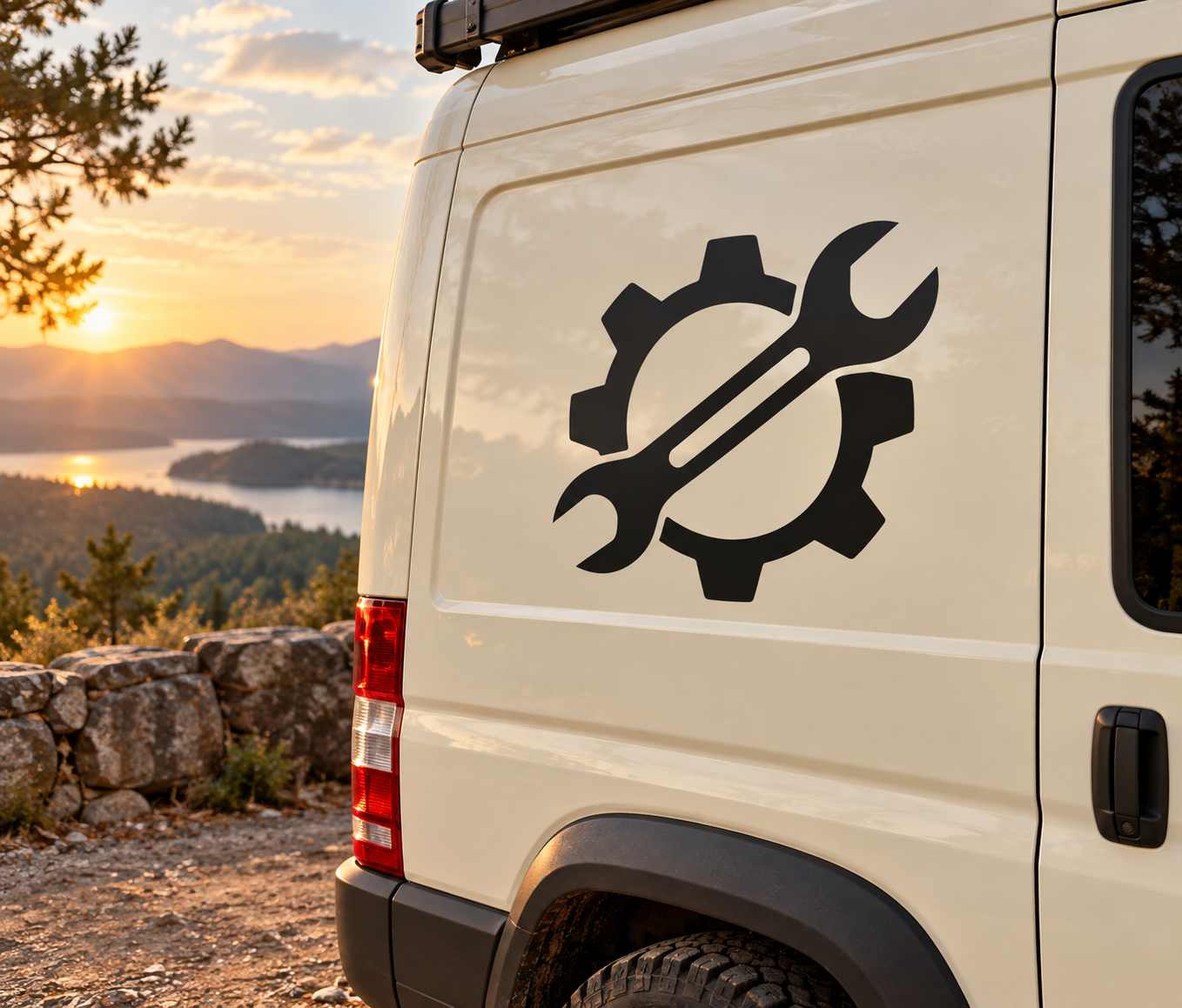 White van with black wrench-and-gear emblem decal on side panel