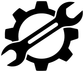 Black wrench-and-gear emblem decal, close-up on white background