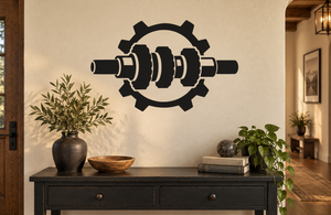 Black gear-and-cylinder wall decal with central emblem design