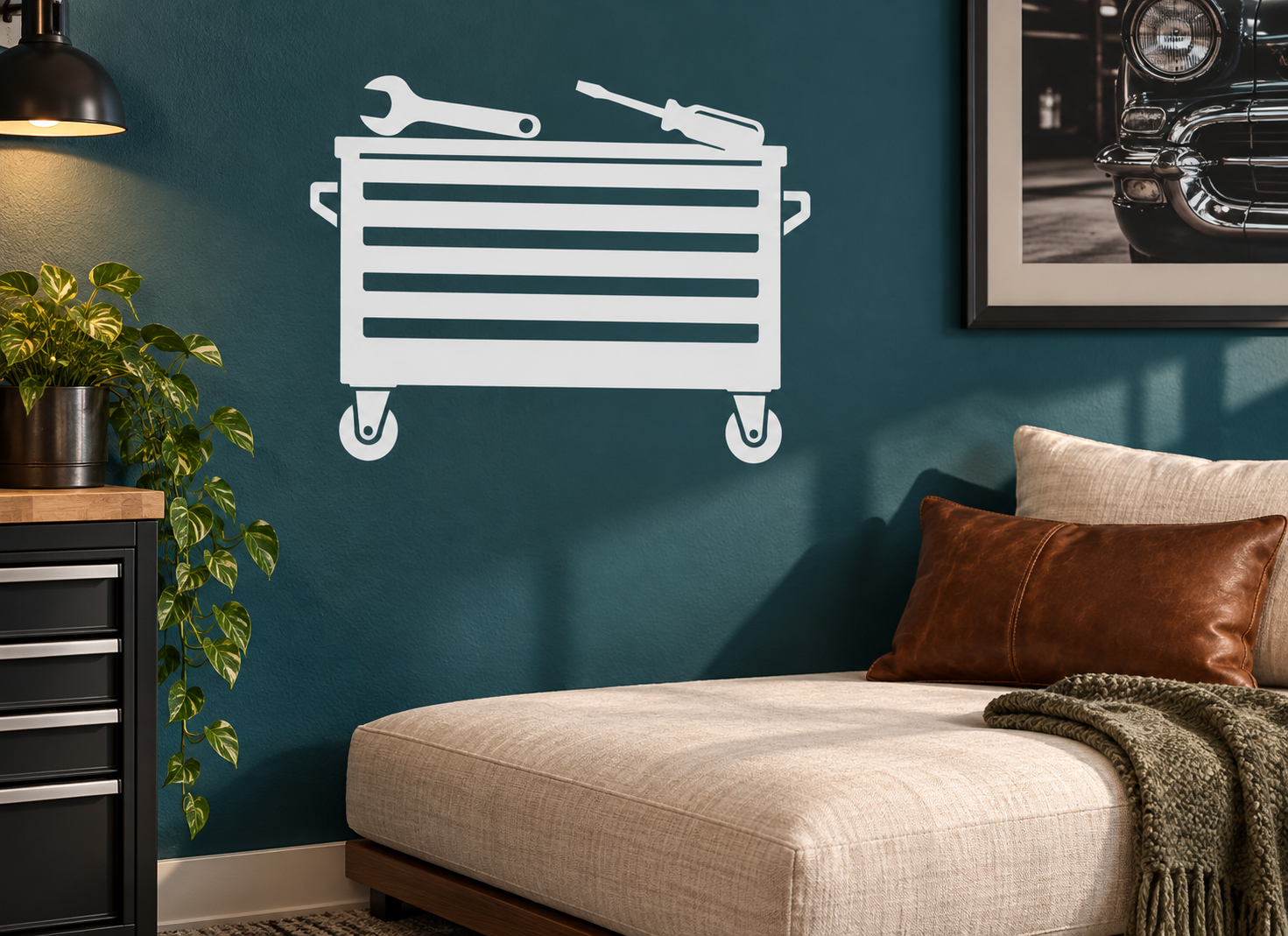 White tool chest wall decal with horizontal lines and four caster wheels