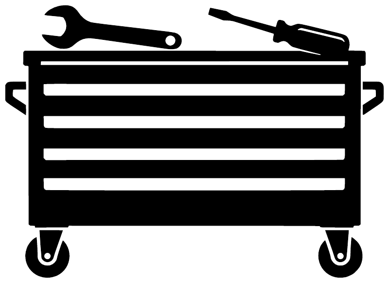 Black tool chest wall decal design with horizontal bars and two caster wheels