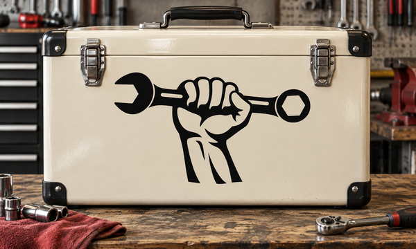 Cream tool case with top handle, corner latches, and black wrench-and-dog logo