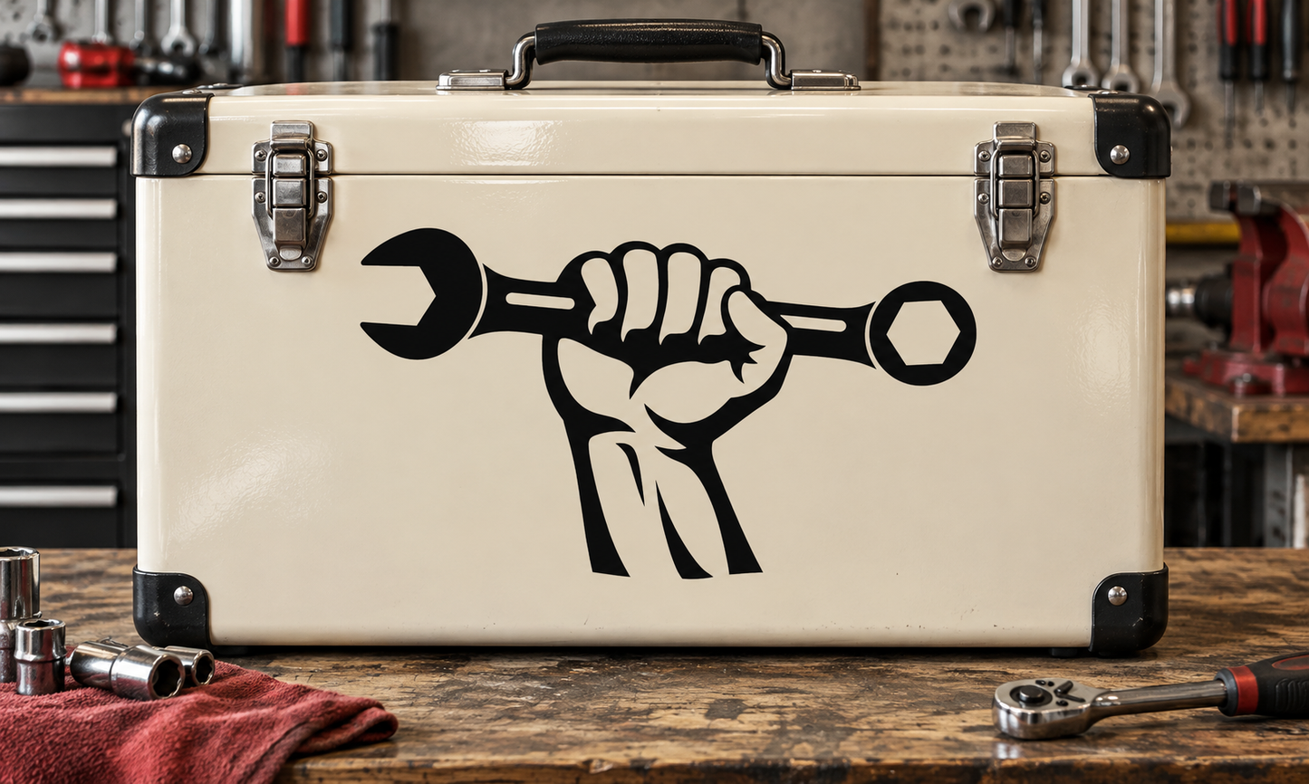 Cream tool case with top handle, corner latches, and black wrench-and-dog logo
