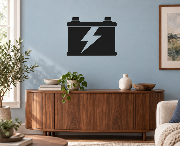 Black battery-shaped decal with white lightning bolt symbol, wall-mount style