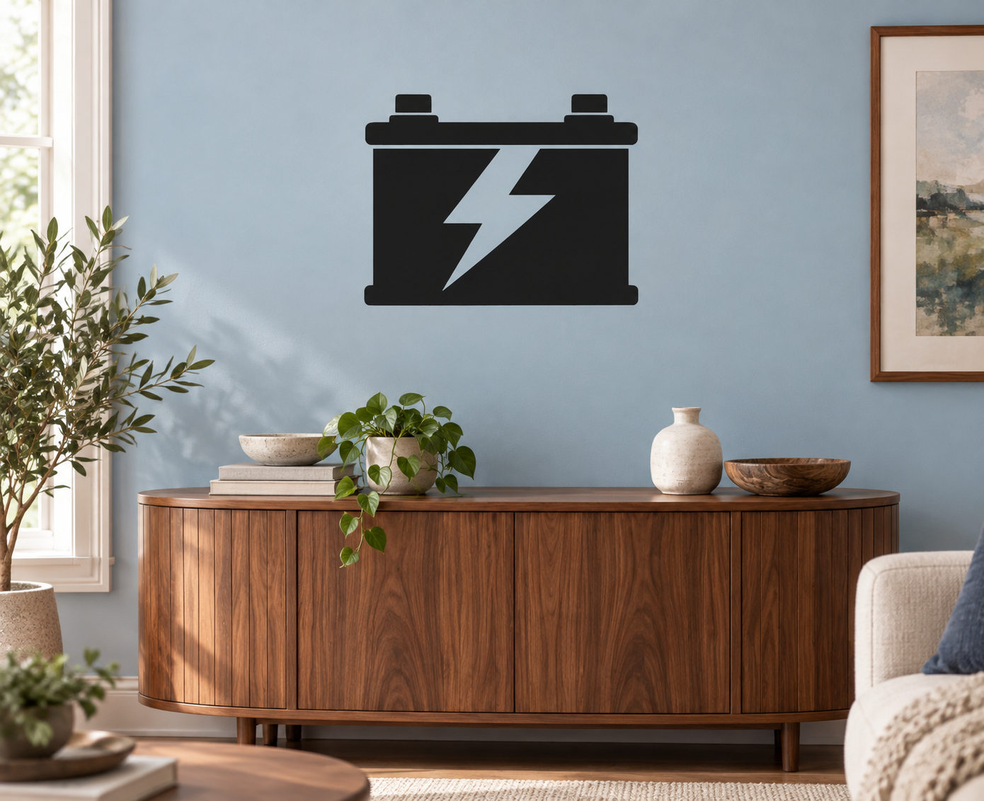 Black battery-shaped decal with white lightning bolt symbol, wall-mount style