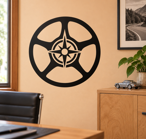 Circular steering wheel style emblem wall decal, black with white star and lines