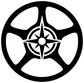 Circular steering wheel emblem decal close-up, black border with central star icon