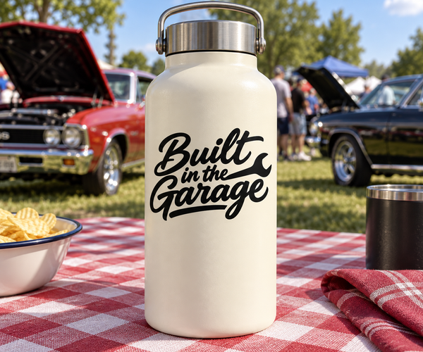 Cream insulated bottle with metal handle and “Built in the Garage” logo front.