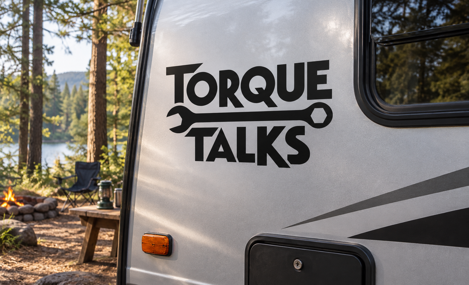 TORQUE TALKS logo vinyl decal on a vehicle side panel, with amber marker light