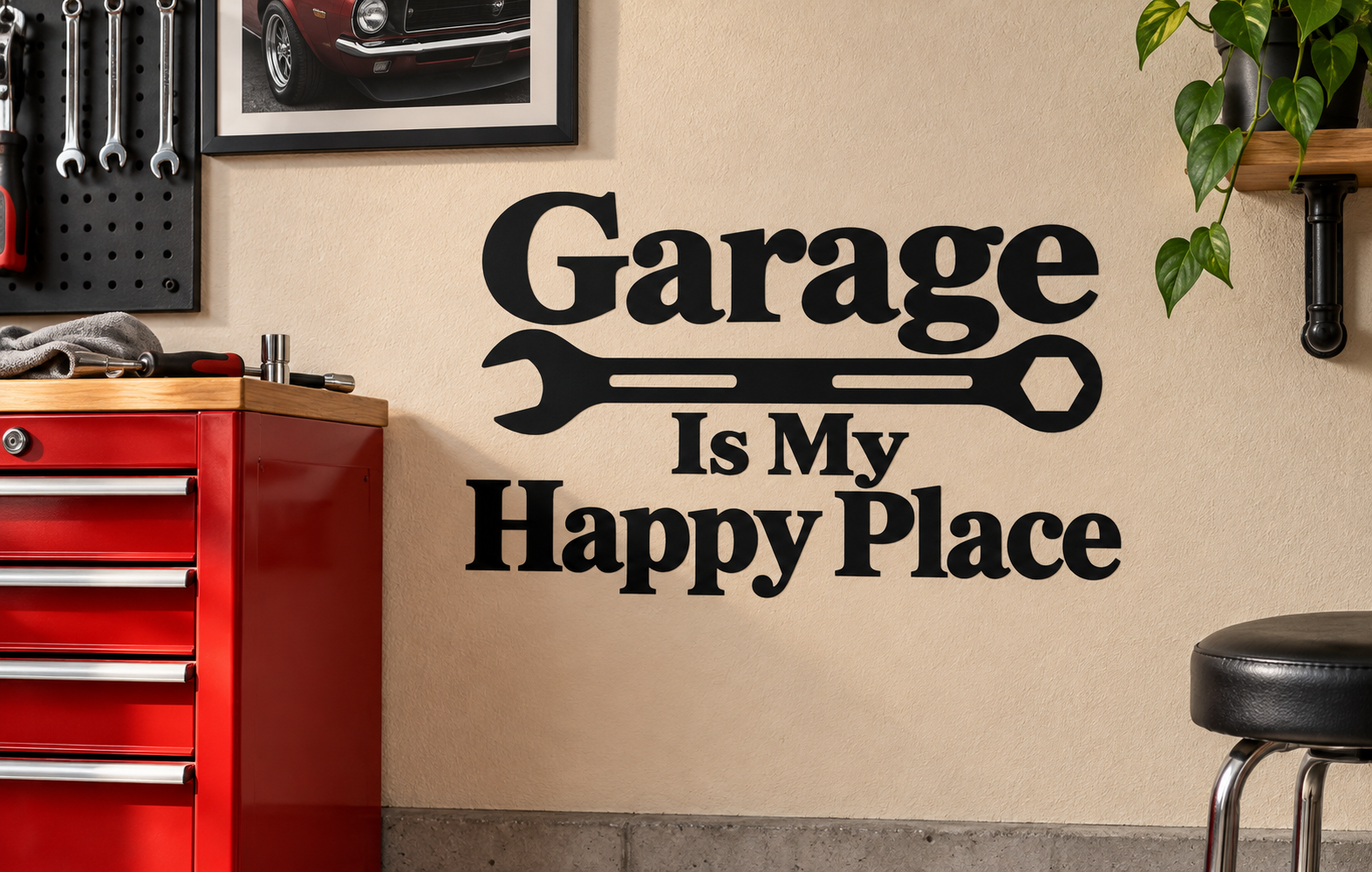 Garage wall decal with wrench icon and text 'Garage Is My Happy Place'
