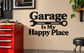 Garage wall decal with wrench icon and text 'Garage Is My Happy Place'