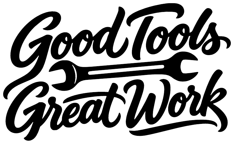 Good Tools Great Work black script wall lettering close-up