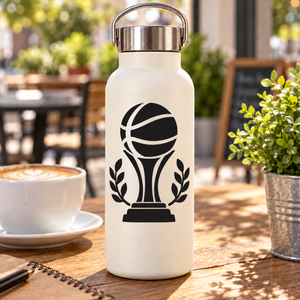 Basketball trophy vinyl decal for bottle, black logo on white bottle