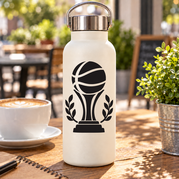 Basketball trophy vinyl decal for bottle, black logo on white bottle